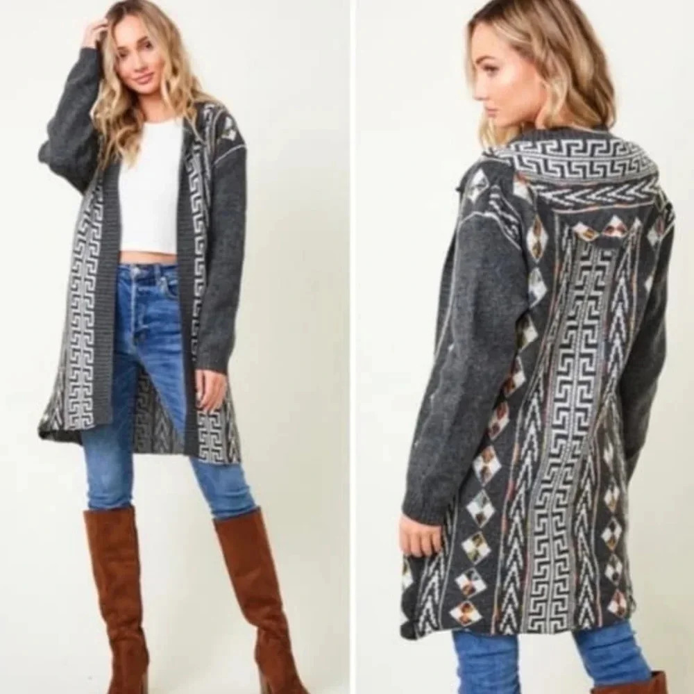 Cozy Charcoal Gray Aztec Boho Knit Cardigan Sweater New